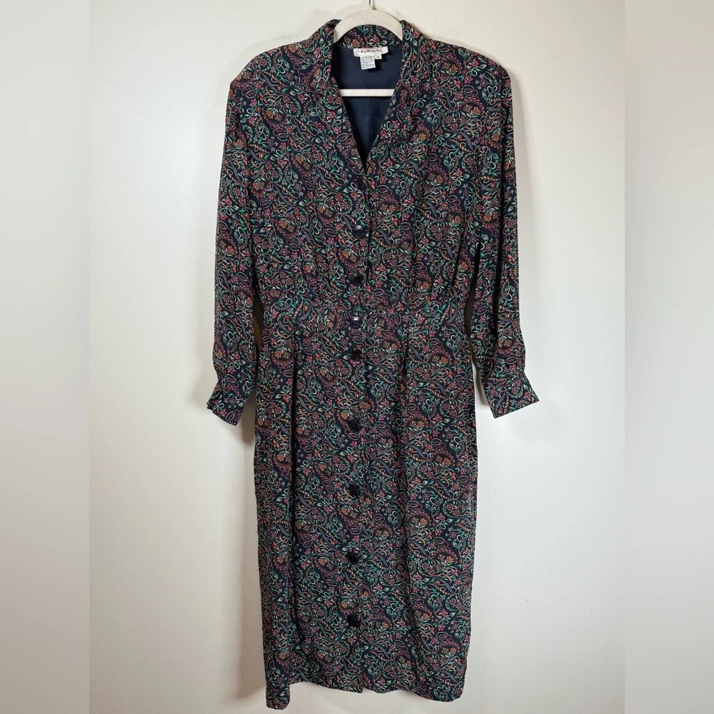 Vintage Talbots Shirt Dress 100% Silk Navy Green Floral Pattern Women’s Size 14